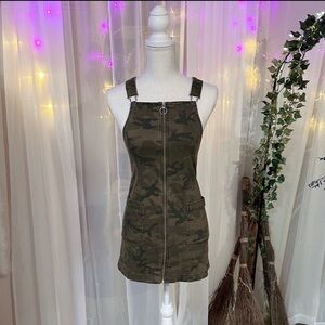 Olive Camo Overalls Mini Dress with Zipper & Pockets